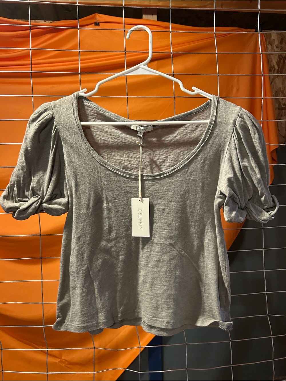 Z Supply Light Gray Puff Sleeve Scoop Neck Top